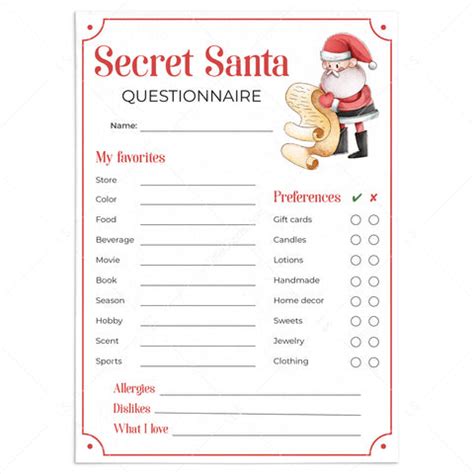 secret santa questionnaire  gift exchange printable littlesizzle