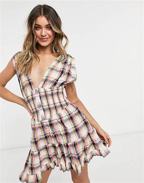 asos design shirred waist button front tiered mini sundress in plaid asos