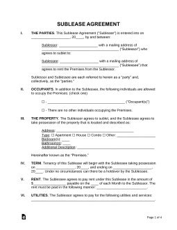 sublease agreement template  word eforms