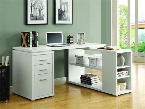 white corner  shaped office desk  drawers shelving officedeskcom