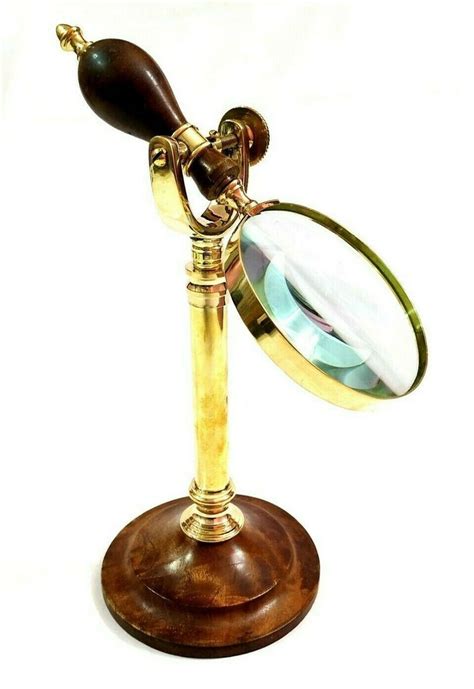 Vintage Brass Handheld Magnifying Glass On Wooden Base Etsy