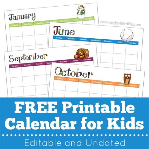 printable calendar editable undated kids calendar printable