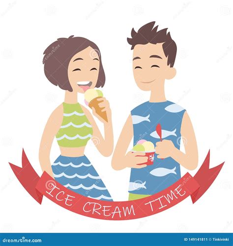 Couple With Ice Cream Vector Illustration Of European Pair Isolated On