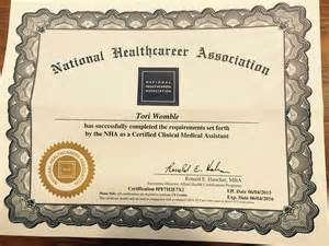 nha certified clinical medical assistant certification tori  wombles personal page