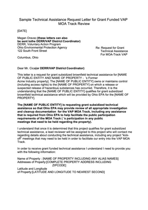 sample technical assistance request letter  grant funded vap