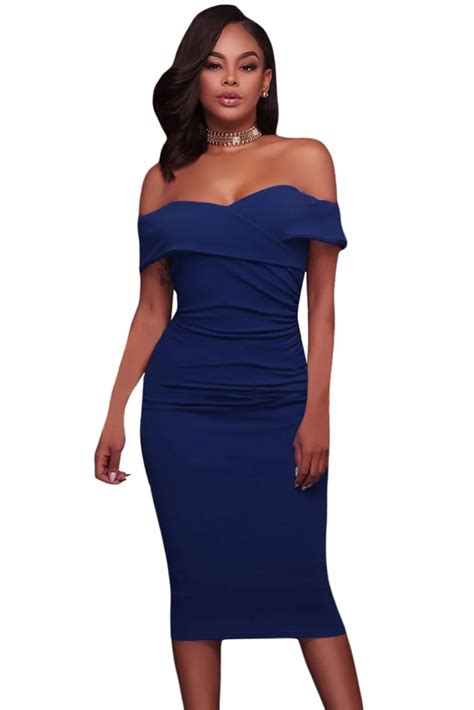 royal blue ruched  shoulder bodycon midi dress  modest pleated