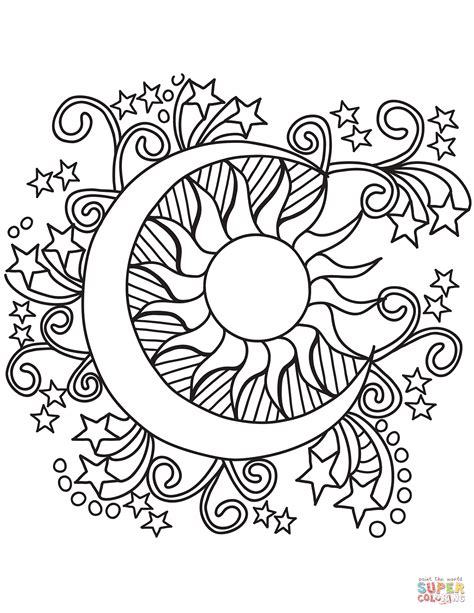 pop art sun moon  stars coloring page  printable coloring pages