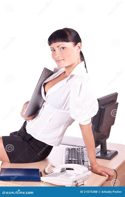 pretty caucasian business woman  office desk royalty  stock
