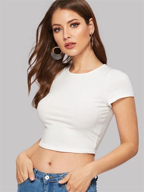 Rib Knit Crop Fitted Tee Shein Cropped White Tee Short Sleeve
