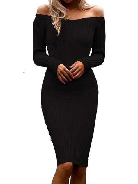 shoulder dresses women knitted long sleeve black bodycon dress slim stretch winter