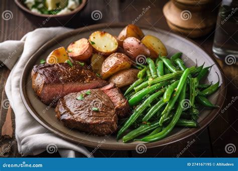 Classic Steak And Potato Dinner With Roasted Potatoes And Fresh Green