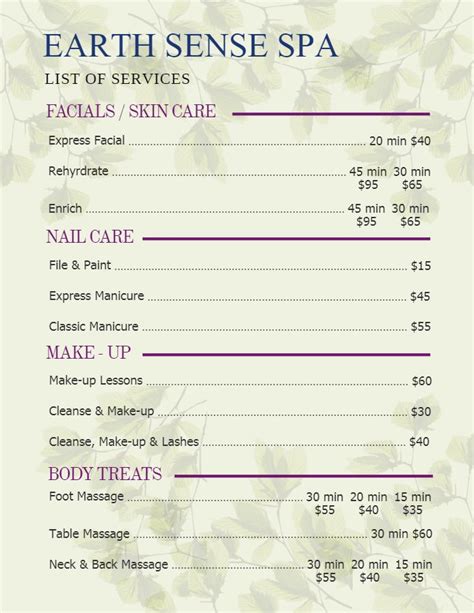 spa and massage parlor price list flyer template spa prices massage prices flyer template