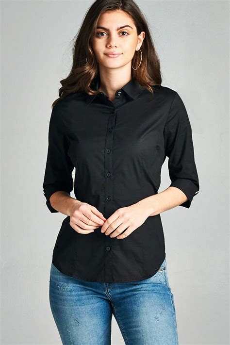 Womens Classic 3 4 Sleeve Stretch Button Down Collar Dress Work Shirt