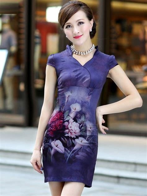 purple silk qipao cheongsam dress with diamond neckline cheongsam