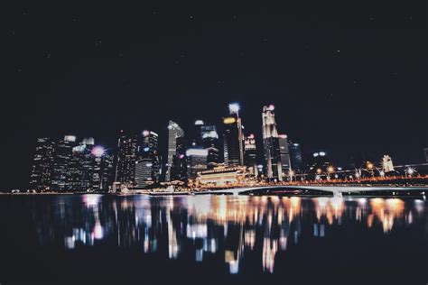 wallpaper night city panorama city lights singapore hd widescreen