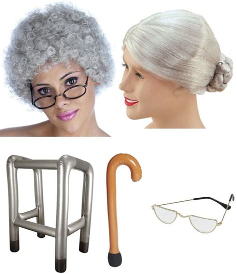 Granny Old Woman Grandma Lady Walking Frame Wig Stick Fancy Dress