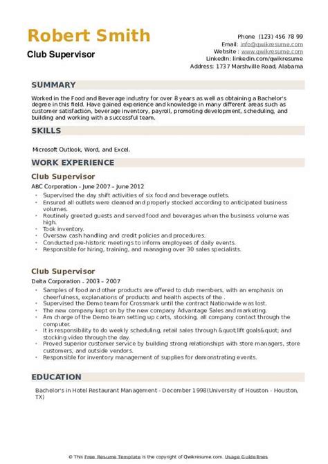 club supervisor resume samples qwikresume