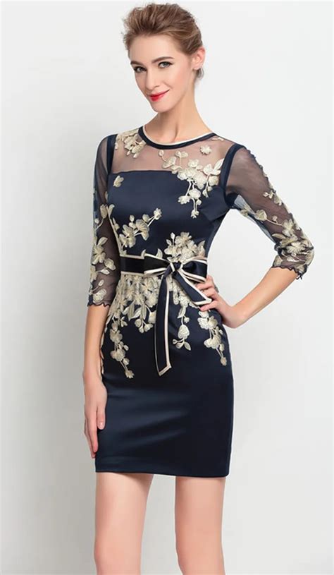 embroidery women sheath dress with sashes sexy sheer 3 4 sleeve mini