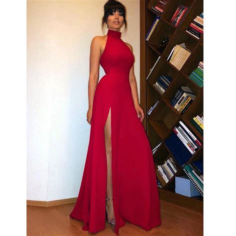 High Neck Red Long Prom Dress Sexy High Split Women Evening Party Form