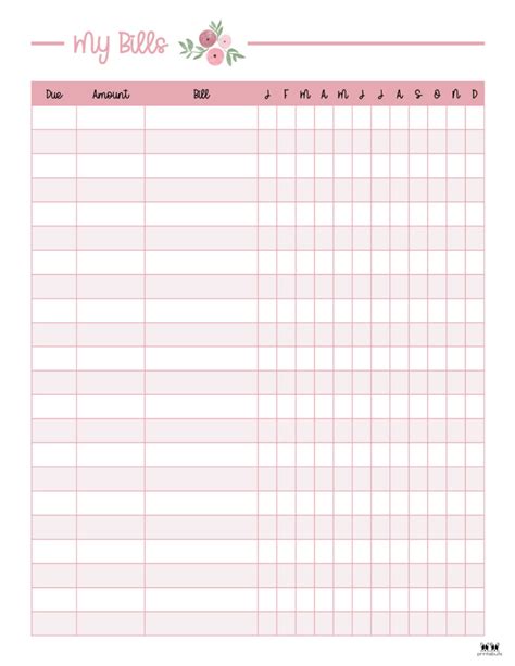 monthly bill tracker  pages january  decemeber paper party