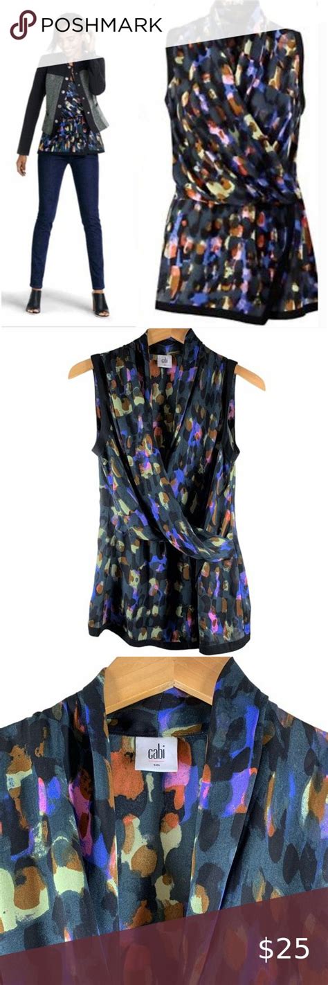 Cabi Flaunt Black Multicolor Gathered V Neck Wrap Blouse Size Small Top