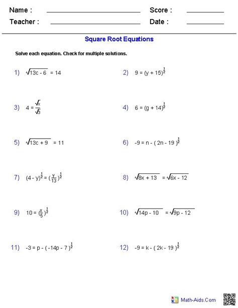 square root equations worksheets math aidscom pinterest squares
