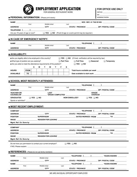 employment application forms  printable