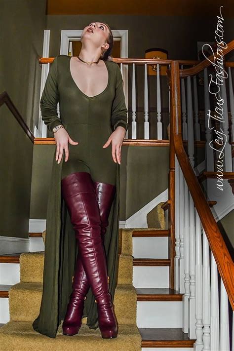 Burgundy Thigh Boots And Green Bodysuit Tight Leather Pants Leather