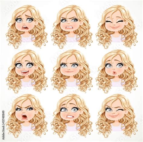 Beautiful Cartoon Blonde Girl With Magnificent Curly Hair Portrait Of