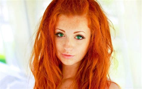 Redhead Women Green Eyes Face Freckles Biting Lip Wallpaper