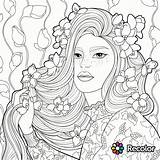 Coloring Pages Hair Long Girl Recolor Flowers Beautiful Woman Printable Book Curly Girls Adult Women Crazy Her Drawing Adults Beauty sketch template