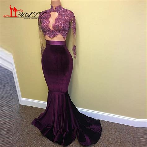 2017 Hot Velvet Prom Dress Sexy Mermaid Lace Appliques Beaded Sheer