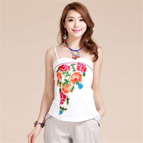 Impressive Flowers Embroidery White Halter Top Chinese Shirts