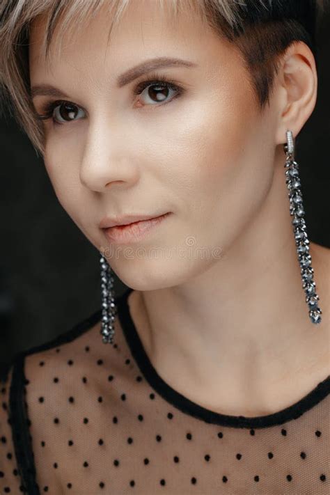 Close Up Portrait Of A Cute Short Haired Woman Stock Image Image Of