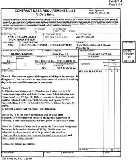 Exhibit A Page 2 Of 11 Contract Data Requirements List Form Approved 1