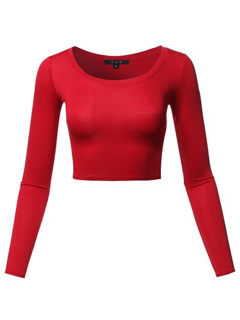 A2y Womens Basic Solid Stretchable Scoop Neck Long Sleeve Crop Top Red