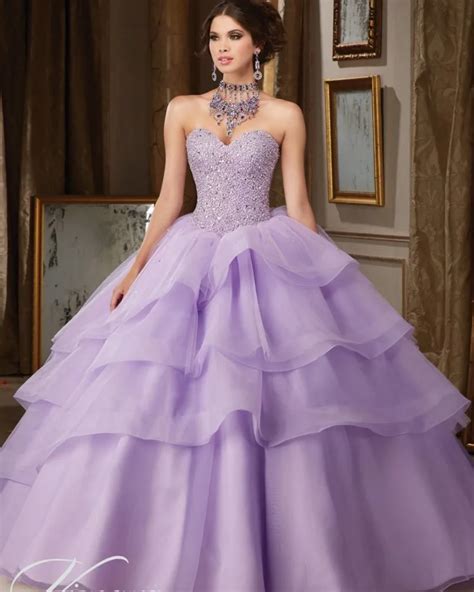 Fashion Organza Ruffle Beaded Lavender Cinderella Ball Gown Quinceanera