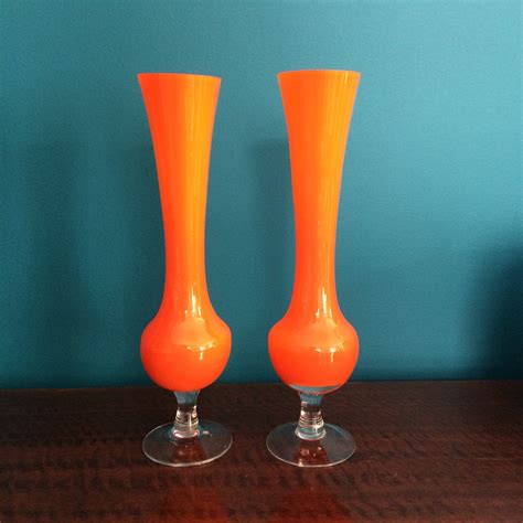 Vintage Pair Of Orange Mid Century Glass Vases Etsy Mid Century