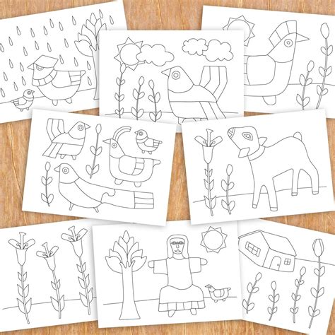 folk art colouring sheet set  kids colouring pages etsy