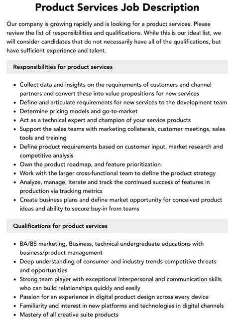 product services job description velvet jobs