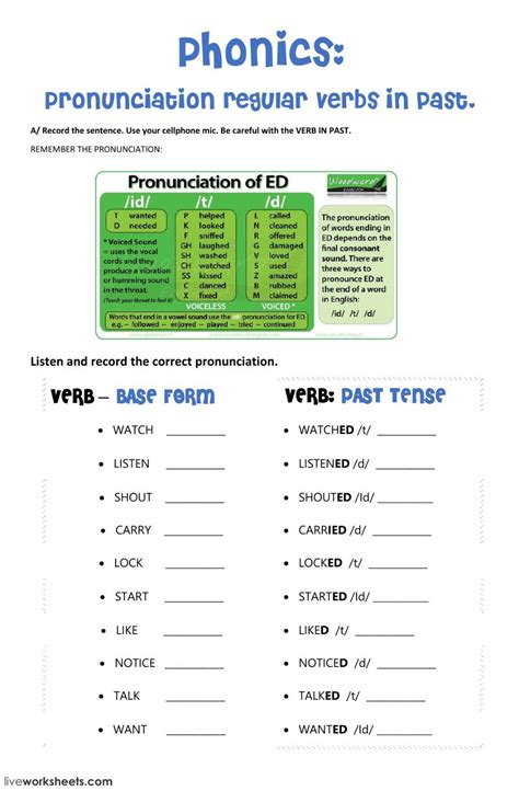 pronunciation regular verbs in past ed ficha interactiva clase