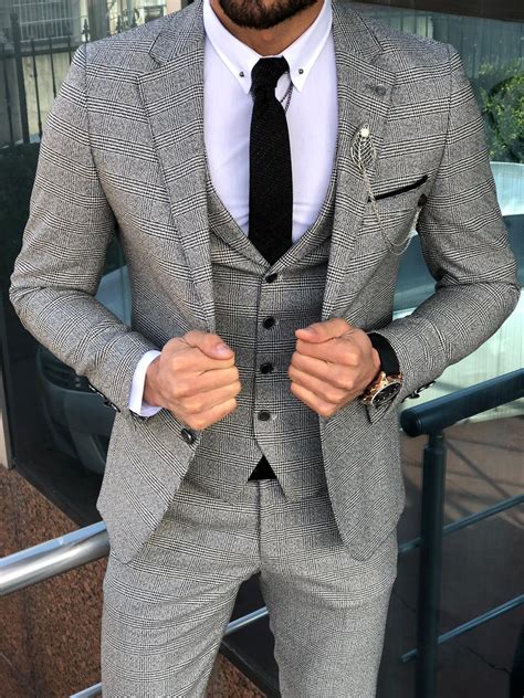 buy gray slim fit plaid suit  gentwithcom   shipping