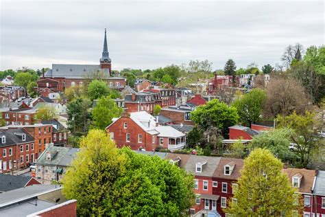 aerial  historic downtown lancaster pennsylvania  blooming trees