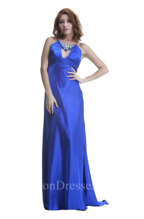 Sexy Cut Out Empire Waist Long Royal Blue Silk Beaded Prom Dress