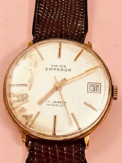 vintage swiss  swiss emperor  jewels date mechanical gents leather   picclick