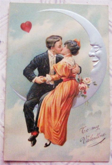 Vintage Valentine Penny Postcard Couple In The Moon