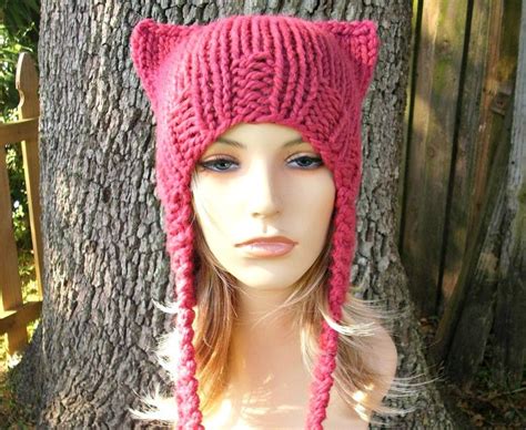 Pink Pussyhat Pink Cat Hat Womens Hat Pink Ear Flap Cat Hat Etsy