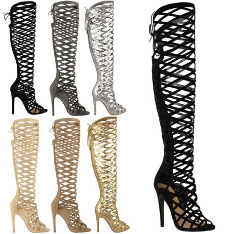 ladies womens cut out lace knee high heel boots gladiator sandals strappy size ebay