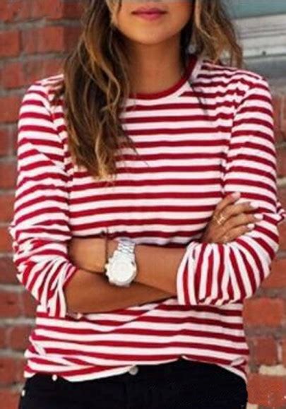 red white striped print long sleeve round neck fall