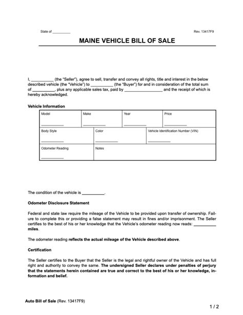 maine motor vehicle bill  sale form legal templates